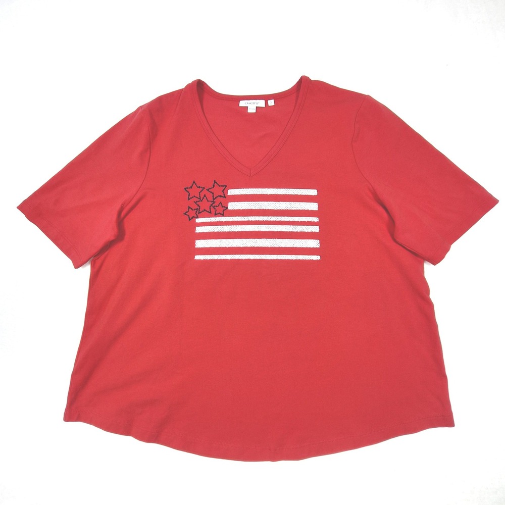 Chicos T-Shirt Womens XL Red American Flag Embroidered Stars V-Neck 570366175